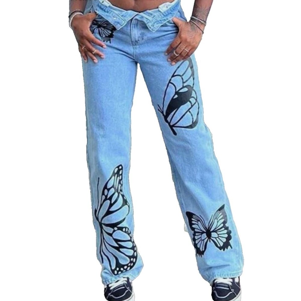 Simple Society Women's Sz 9 Y2k HighRise WIDE‎ LEG Street  Wash Jeans Butterfly